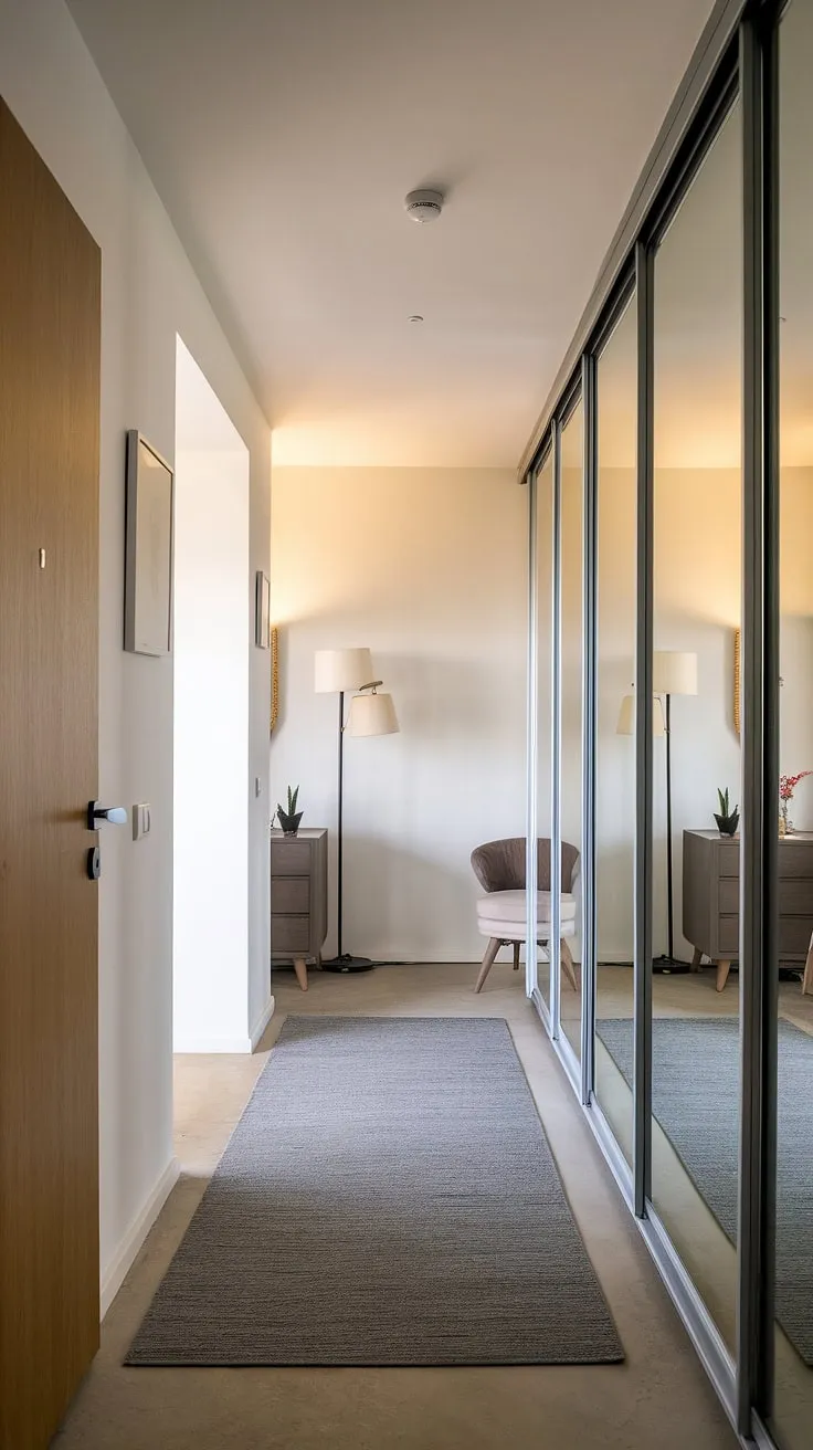 A minimalist bedroom entrance design featuring a sleek wooden door and a floor lamp, leading into a hallway with striking corridor mirror ideas. The long hallway mirror wall maximizes space and light, enhancing the overall home hall design. The grey rug and subtle furniture choices complete this sophisticated hall design.