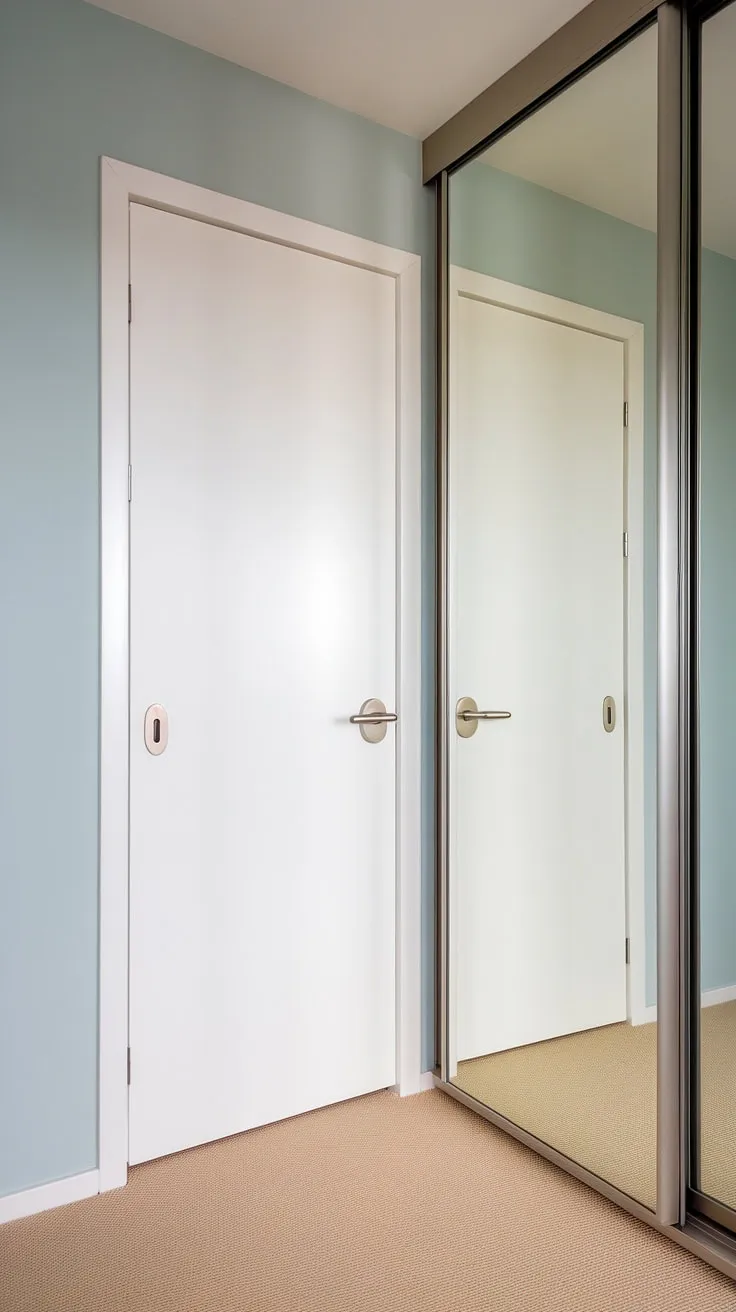 A stunning example of hall design, this bedroom entrance features an entrance minimalist aesthetic. The white door and brushed nickel accents are beautifully offset by a large hallway mirror wall, creating an illusion of spaciousness. The light blue accent wall and beige carpet complete this chic home hall design, showcasing innovative corridor mirror ideas and inspiring room entrance ideas.