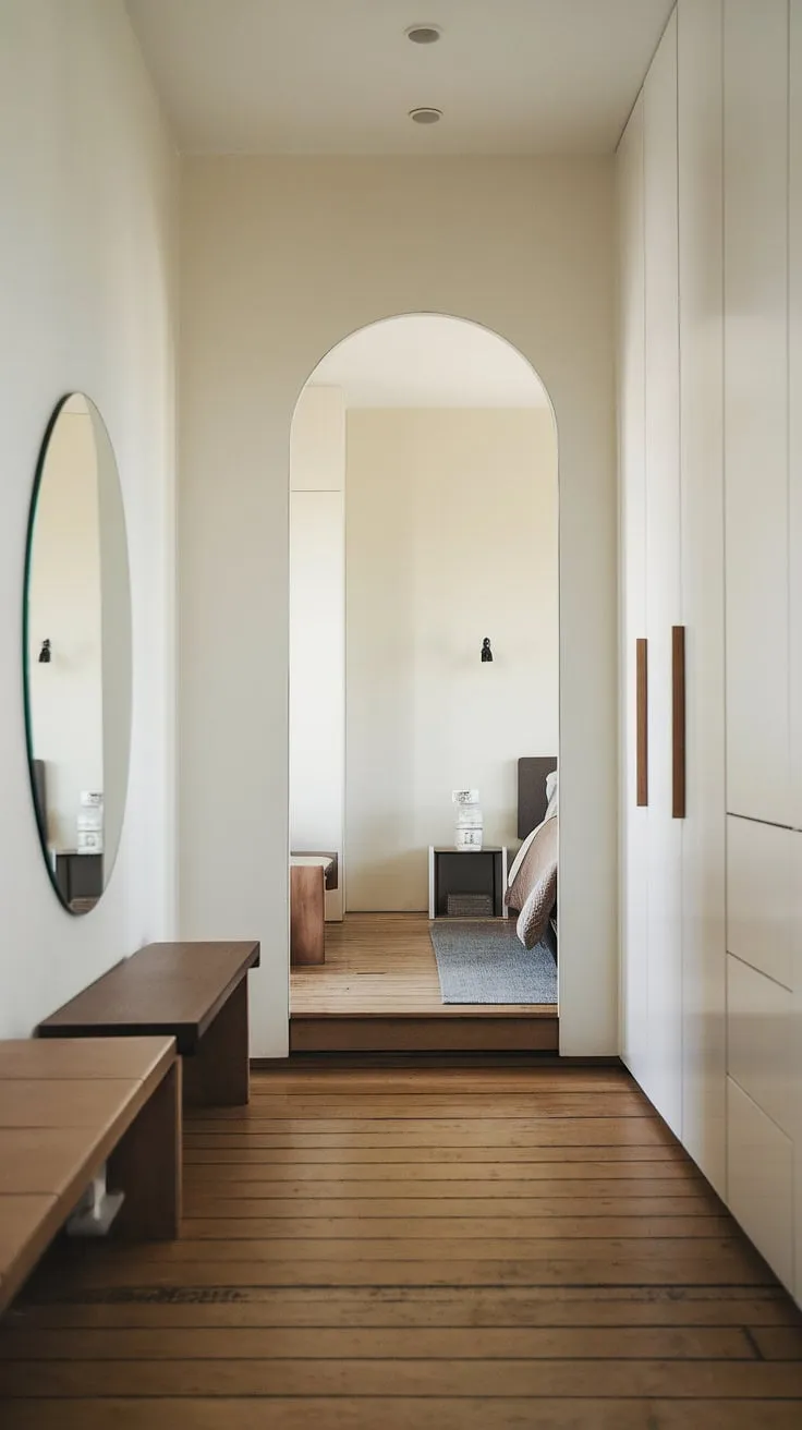 This entrance minimalist design features a hallway mirror wall, offering a stylish and space-enhancing solution for corridor mirror ideas and hall design. The bedroom entrance beckons.
