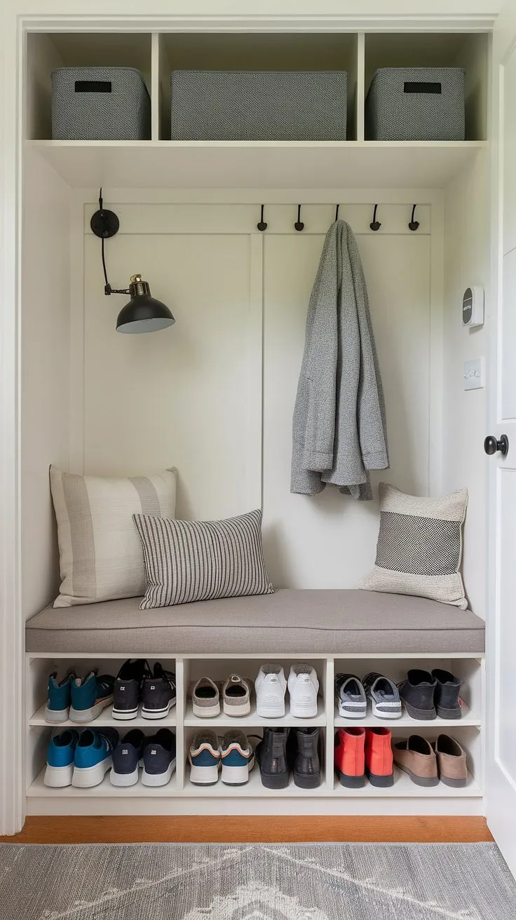 Maximize your foyer entryway storage with this clever design. This split entry shoe storage bench and coat rack offer the best shoe storage ideas entryway, transforming your entrance shoe and coat storage ideas into a beautiful and practical entryway decor storage solution for an open concept front entry.
