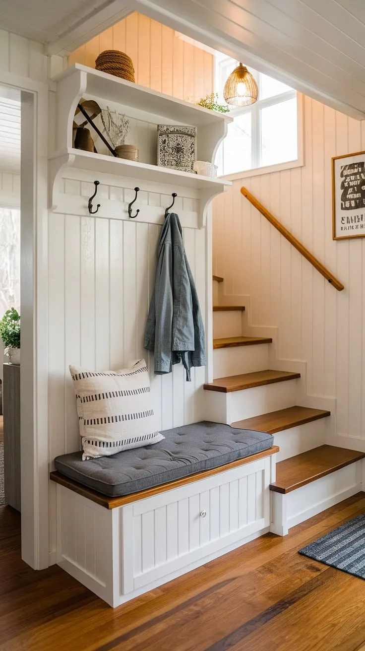 This cozy tiny home entryway boasts a space-saving split-level design. A foyer storage bench, perfect for seating and storing shoes, sits beneath the stairs leading to the bedroom entryway. Above the bench, a shelf adds a touch of entryway decor storage. The open concept front entry maximizes space, while a coat hook provides convenient coat shoe storage entrance solutions. This ingenious design offers the best shoe storage ideas entryway and practical entrance shoe and coat storage ideas, making it a prime example of split entry shoe storage in a small space.