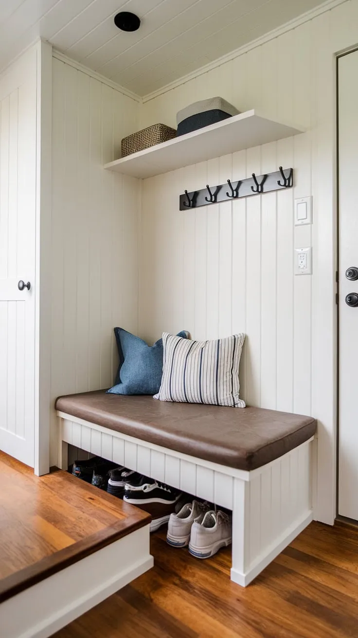 This charming bedroom entryway boasts a split entry shoe storage solution that's perfect for tiny home living. The open concept front entry features a practical foyer storage bench, offering entryway decor storage and clever solutions for entrance shoe and coat storage ideas. A must-see for anyone seeking best shoe storage ideas entryway.