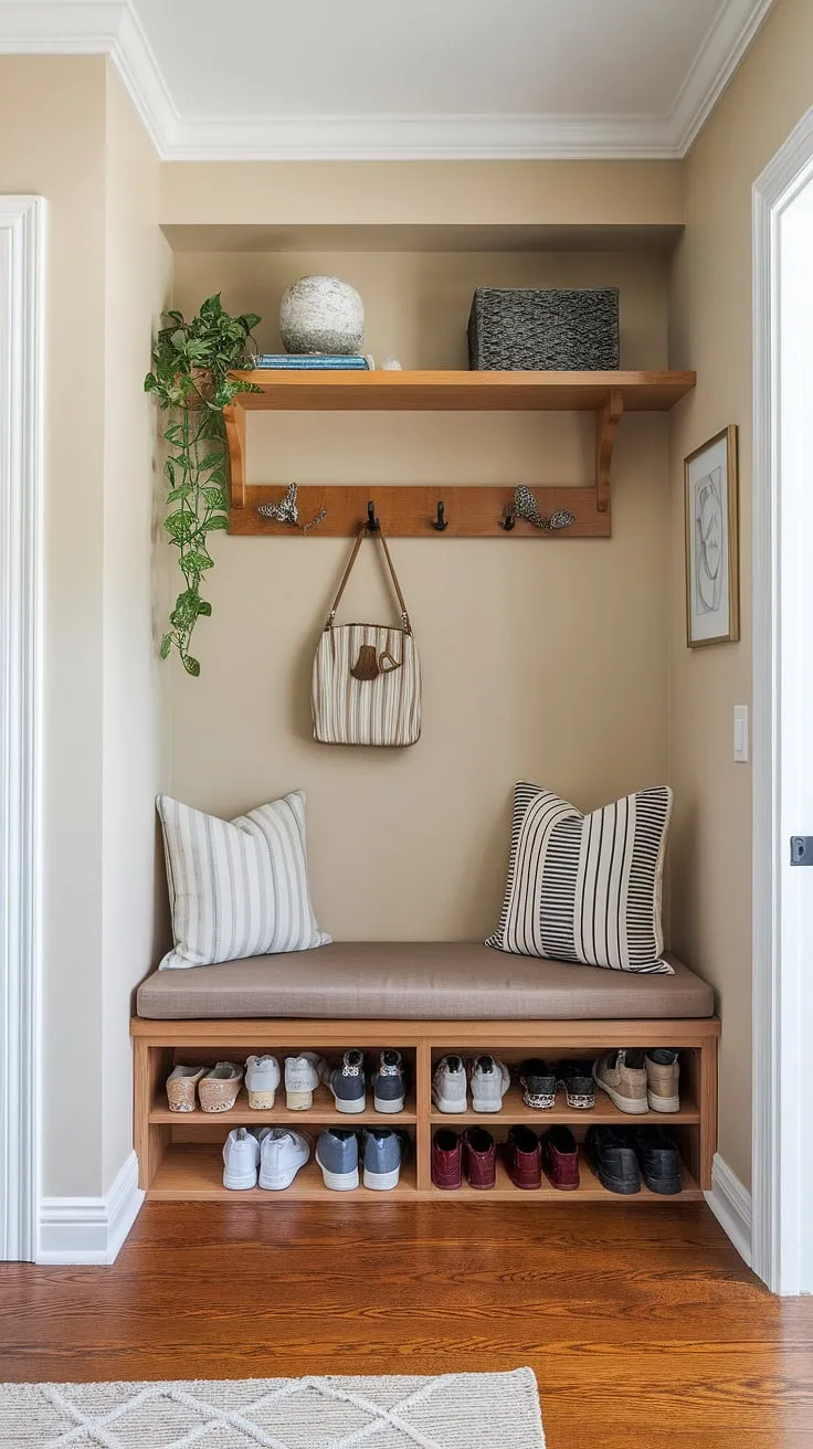 Maximize your tiny home entryway with this space-saving split entry shoe storage. The coat shoe storage entrance features a built-in bench with cushion, perfect for this bedroom entryway. Above, a shelf displays decorative items, adding to the entryway decor storage. The warm wood tones complement the beige walls, creating a welcoming foyer entryway storage solution. This design offers some of the best shoe storage ideas entryway, proving that even small spaces can be stylish and functional.