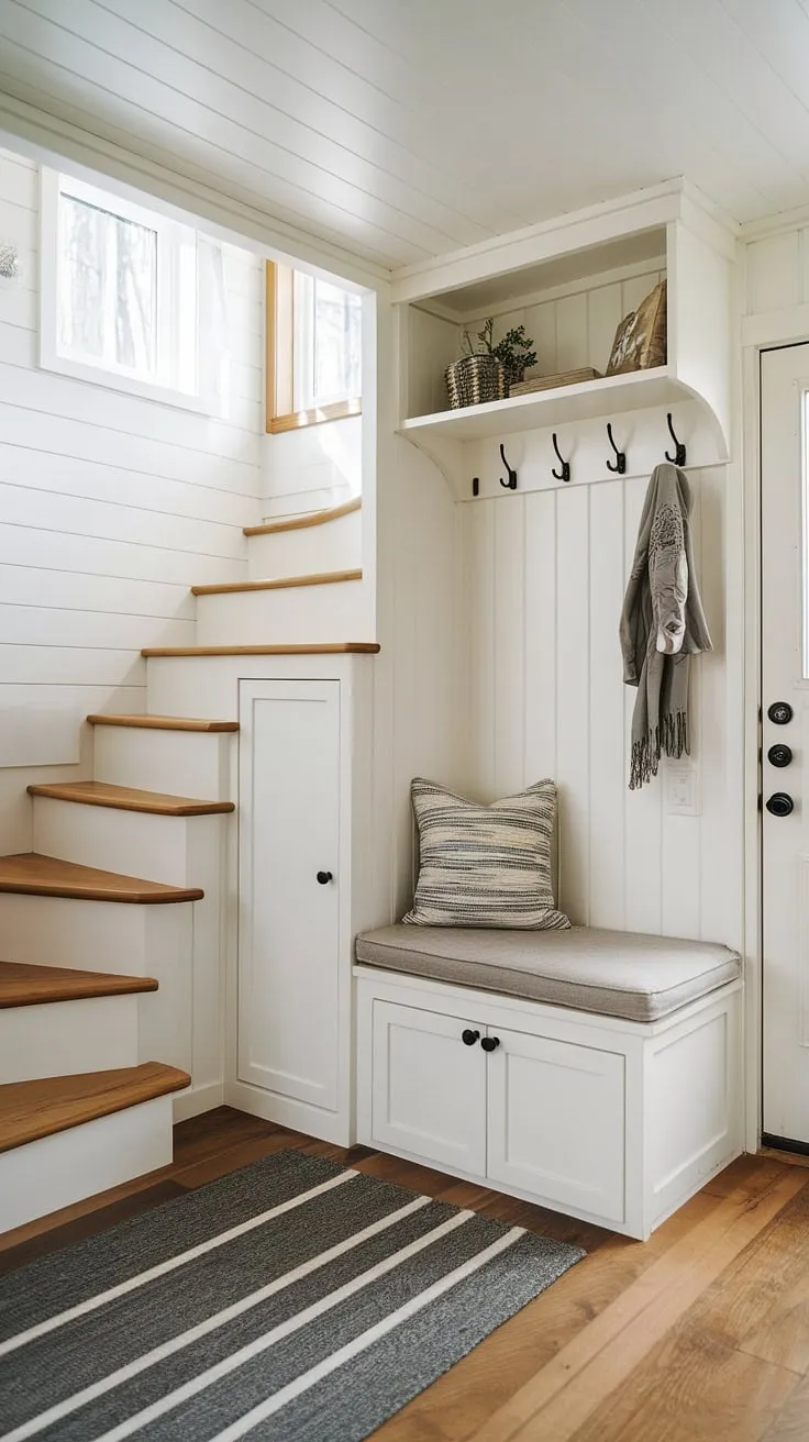 This charming bedroom entryway boasts a split entry shoe storage system and entryway decor storage beneath the stairs, offering ample coat shoe storage entrance and open concept front entry appeal. A perfect example of maximizing space in a tiny home entryway.