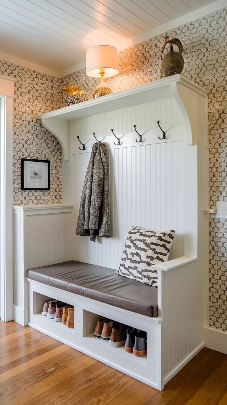 This charming tiny home entryway boasts a split entry shoe storage system, showcasing entryway decor storage and smart foyer storage bench ideas. The open concept front entry seamlessly blends function and style in this bedroom entryway.