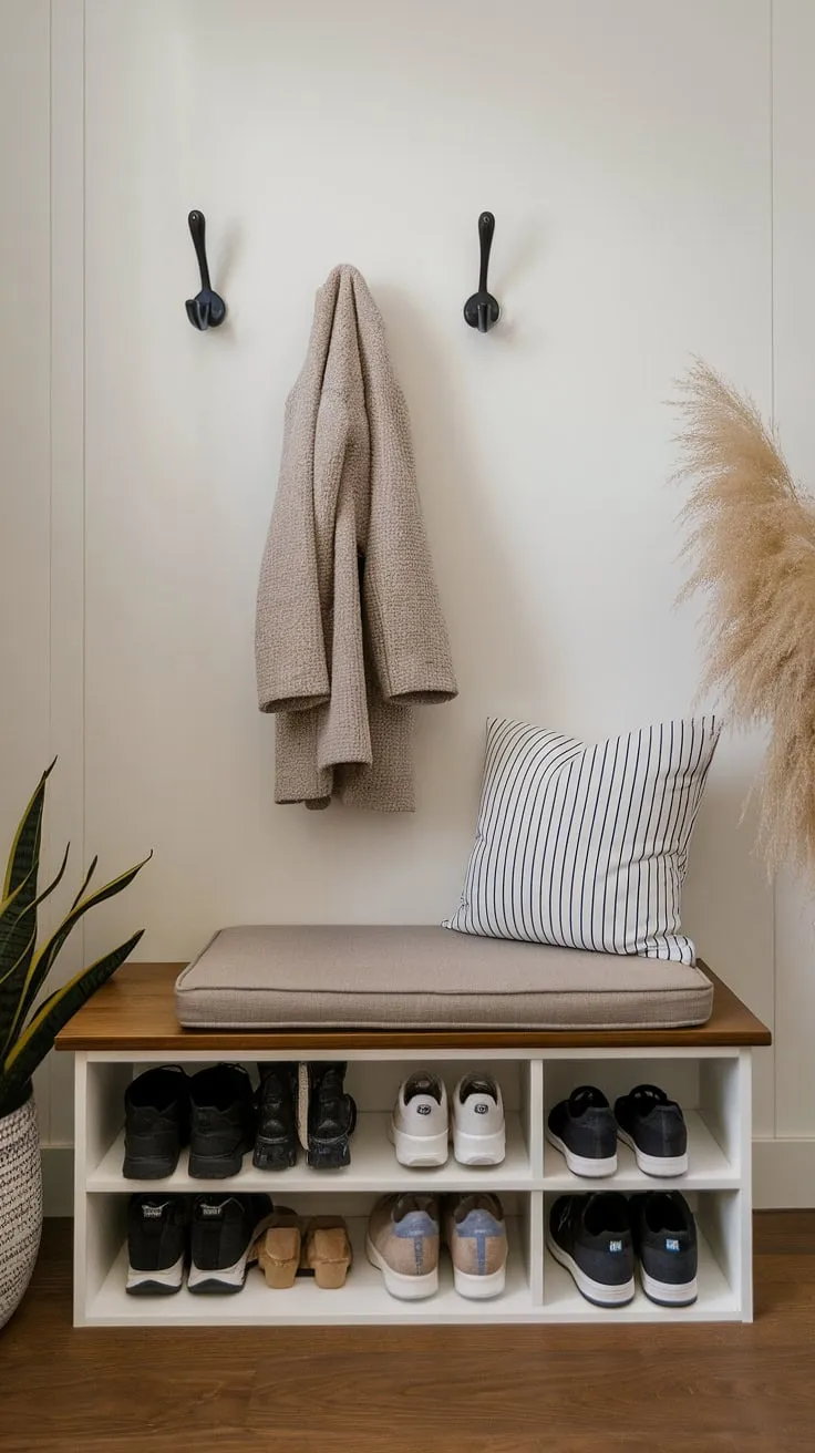 Maximize your limited space with this efficient bedroom entryway design. The foyer storage bench offers a comfortable spot to sit while providing hidden storage for shoes, complementing the wall-mounted coat hooks. This clever coat shoe storage entrance solution is ideal for a tiny home entryway or any space needing smart storage. The addition of a small plant elevates the entryway decor storage, showcasing a practical and aesthetically pleasing split entry shoe storage solution. This is a prime example of best shoe storage ideas entryway and offers inspiration for entrance shoe and coat storage ideas in an open concept front entry.