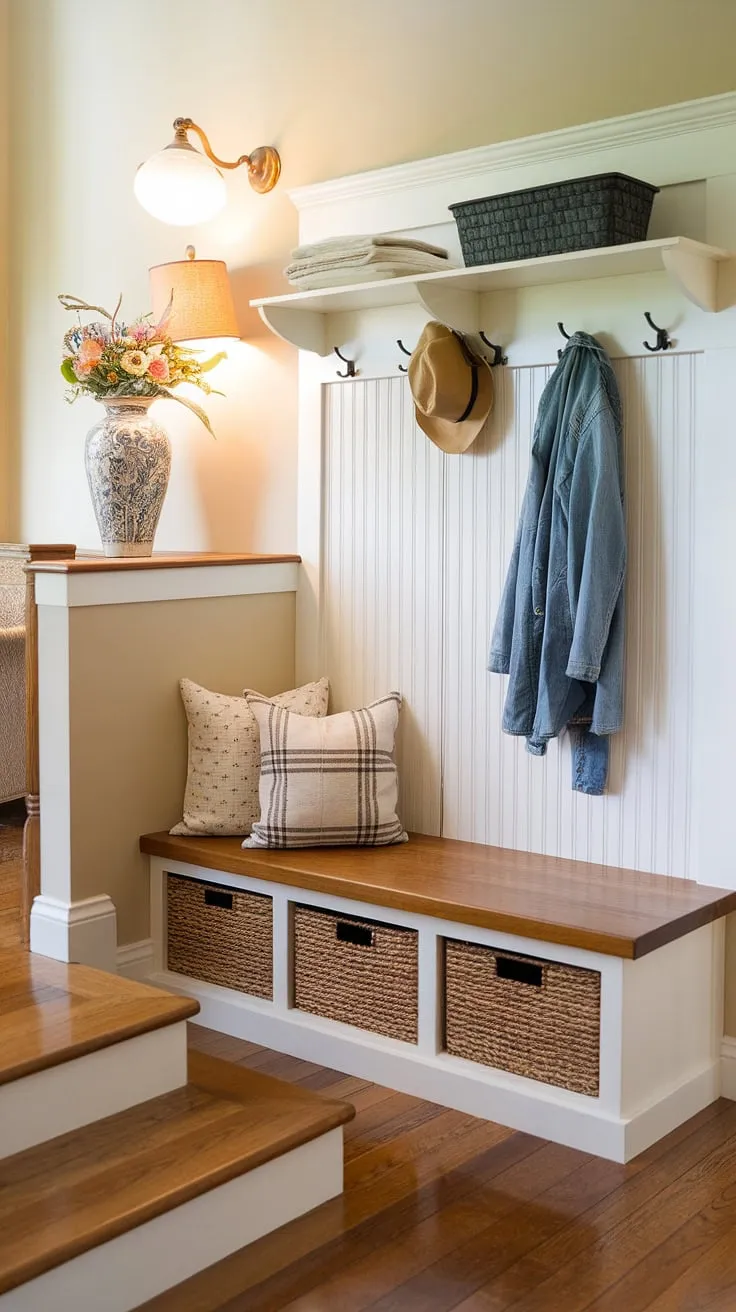 Sunlight streams into this charming split-level bedroom entryway, illuminating the warm hardwood floors and the practical yet stylish foyer entryway storage. A wooden foyer storage bench provides ample coat shoe storage entrance, offering the best shoe storage ideas entryway for a clutter-free space. Above, a coat rack holds a few garments and a hat, complementing the decorative vase of flowers and lamp on the wall. This entrance shoe and coat storage ideas solution is perfect for maximizing space, even in a tiny home entryway. The open concept front entry feels welcoming and spacious, showcasing entryway decor storage that's both functional and aesthetically pleasing. This split entry shoe storage solution is a testament to efficient design.