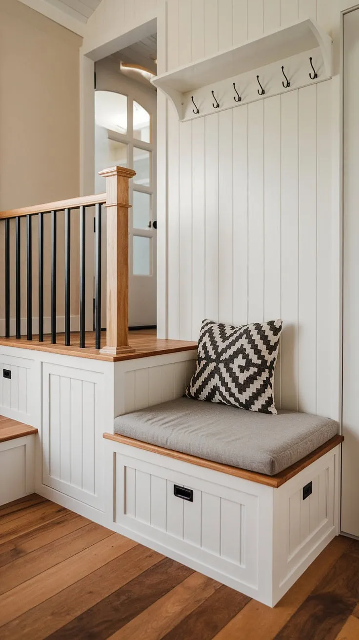 This tiny home entryway boasts a clever split-level design maximizing space. The lower level features a foyer storage bench with cushion, perfect for shoe storage, while the upper level offers a coat rack, addressing coat shoe storage entrance needs. This ingenious split entry shoe storage solution provides ample foyer entryway storage and showcases some of the best shoe storage ideas entryway. The light walls and wooden floors complement the open concept front entry, creating a welcoming and functional entrance shoe and coat storage ideas space. The built-in ledge above the bench adds extra entryway decor storage.