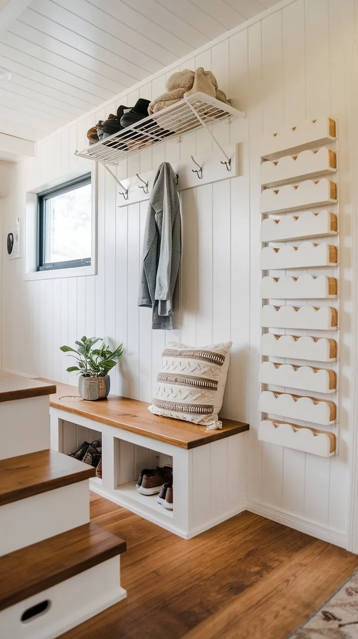 Maximize space and style in this tiny home's bedroom entryway. Clever foyer entryway storage, including a split entry shoe storage solution and coat shoe storage entrance, makes this open concept front entry both functional and inviting. Best shoe storage ideas entryway, right here!