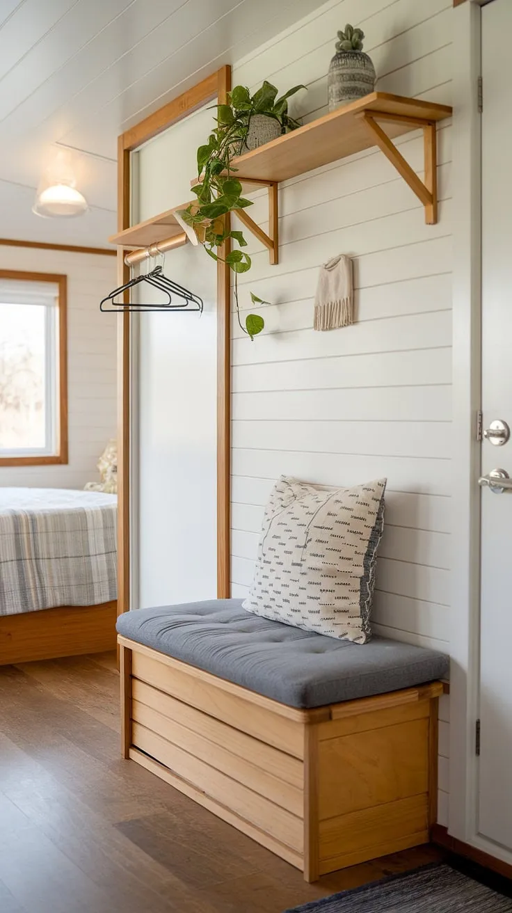 Step into serenity: this bedroom entryway boasts clever foyer storage bench and coat shoe storage entrance solutions. The tiny home entryway design showcases practical entryway decor storage and split entry shoe storage, making the most of limited space.