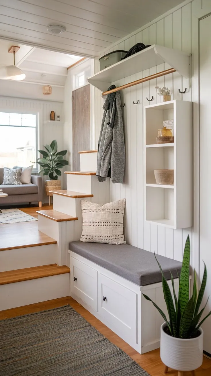 Step into this charming tiny home entryway, where clever design maximizes space. The split-level layout features a foyer storage bench perfect for shoes and coats, complemented by a coat rack and shelving above. A nearby cubby unit offers additional storage solutions, showcasing some of the best shoe storage ideas for entryways. This entrance shoe and coat storage solution is a dream come true for maximizing space in a small home. The open concept front entry seamlessly flows into the living area, creating a welcoming atmosphere. The entryway decor storage is both functional and stylish. This split entry shoe storage is a fantastic example of foyer entryway storage in a tiny home bedroom entryway.
