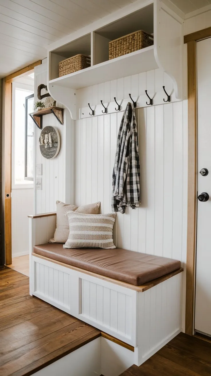 Step into cozy charm with this tiny home entryway. The split-level design maximizes space, offering foyer entryway storage, coat shoe storage entrance, and the best shoe storage ideas entryway—all in a rustic, open concept front entry. A foyer storage bench and decorative shelves complete this bedroom entryway's efficient and stylish design.