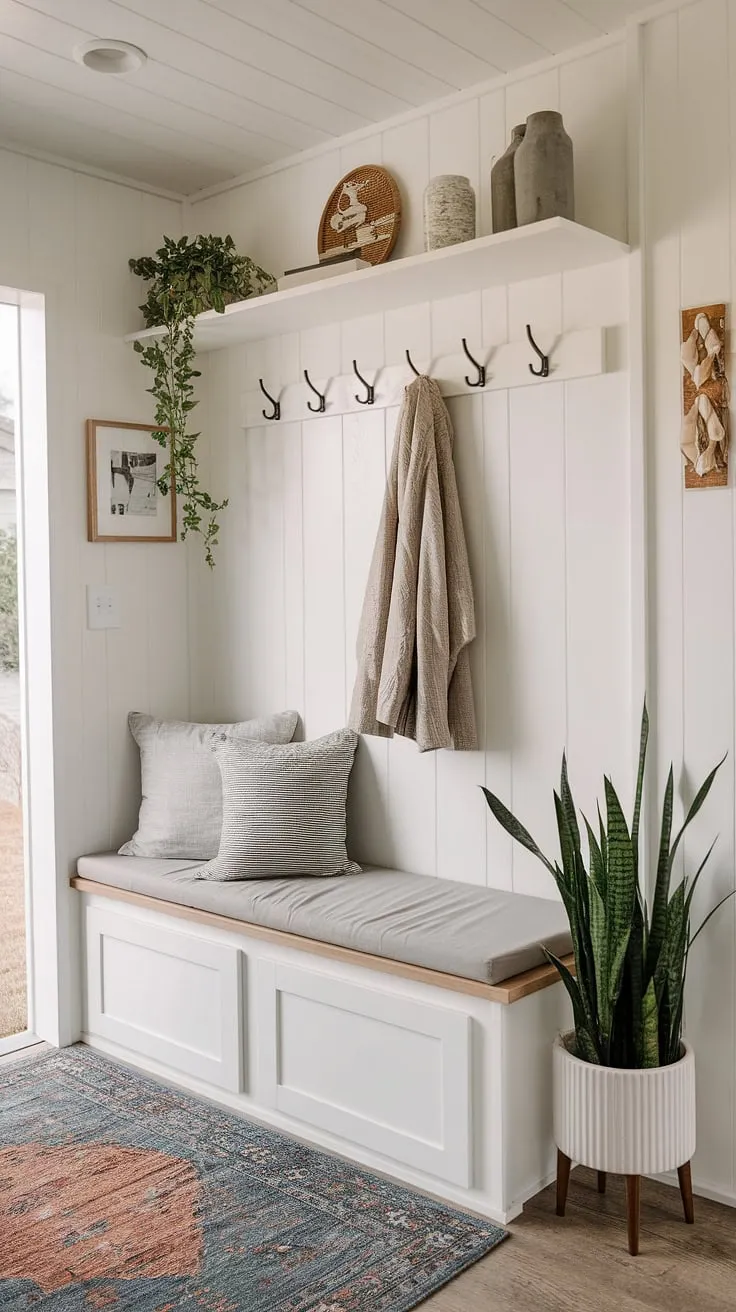 This tiny home entryway showcases brilliant foyer entryway storage solutions. A split-level design cleverly incorporates a foyer storage bench with cushions below a coat rack, providing practical coat shoe storage entrance and addressing the need for best shoe storage ideas entryway. The upper level offers additional shelving for decor, transforming this bedroom entryway into a stylish and functional space. This entrance shoe and coat storage ideas example, with its split entry shoe storage and open concept front entry, proves that even the smallest spaces can be organized and inviting. A simple rug and potted plant complete the entryway decor storage, creating a warm welcome.