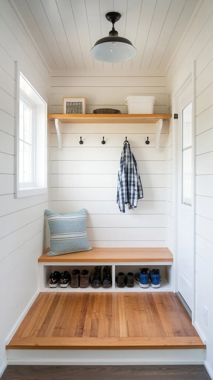 Maximize your tiny home's entryway with this split entry shoe storage solution. The foyer storage bench provides ample entrance shoe and coat storage ideas, while the open concept front entry feels bright and airy. Entryway decor storage at its finest.