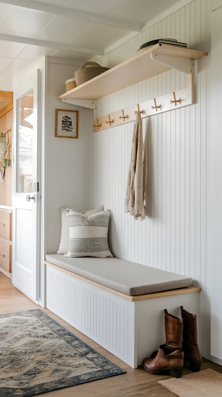 Clever split-level design maximizes space in this tiny home bedroom entryway. Foyer entryway storage solutions like this foyer storage bench and built-in shelving offer the best shoe storage ideas entryway, cleverly combining coat shoe storage entrance and entryway decor storage.