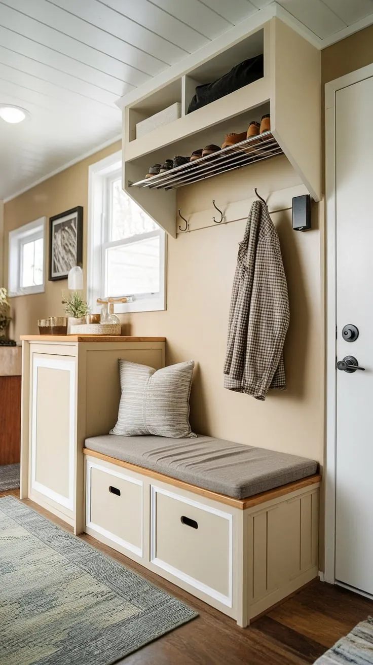 This bright and airy tiny home bedroom entryway boasts ingenious foyer entryway storage. A split-level design cleverly incorporates a comfortable foyer storage bench with a cushion below a hanging shoe rack, maximizing this compact space. Above, a coat rack completes the coat shoe storage entrance, offering a stylish and practical solution. This is a prime example of the best shoe storage ideas entryway and demonstrates excellent entrance shoe and coat storage ideas. The entryway decor storage is both functional and visually appealing, showcasing a smart split entry shoe storage solution in an open concept front entry.