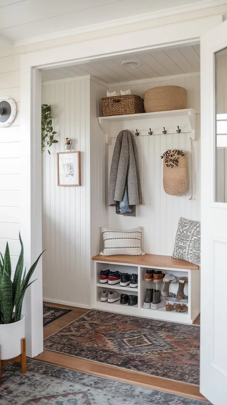 Step inside this charming tiny home entryway, where clever design maximizes space. The open concept front entry welcomes you with a practical yet stylish coat shoe storage entrance, featuring a split entry shoe storage solution and a convenient foyer storage bench. This foyer entryway storage is a perfect example of best shoe storage ideas entryway, offering ample space for coats and shoes. The white walls and patterned rug create a bright and inviting atmosphere, complemented by a decorative plant. This tiny home entryway showcases entrance shoe and coat storage ideas that are both functional and aesthetically pleasing, making it a model of entryway decor storage.