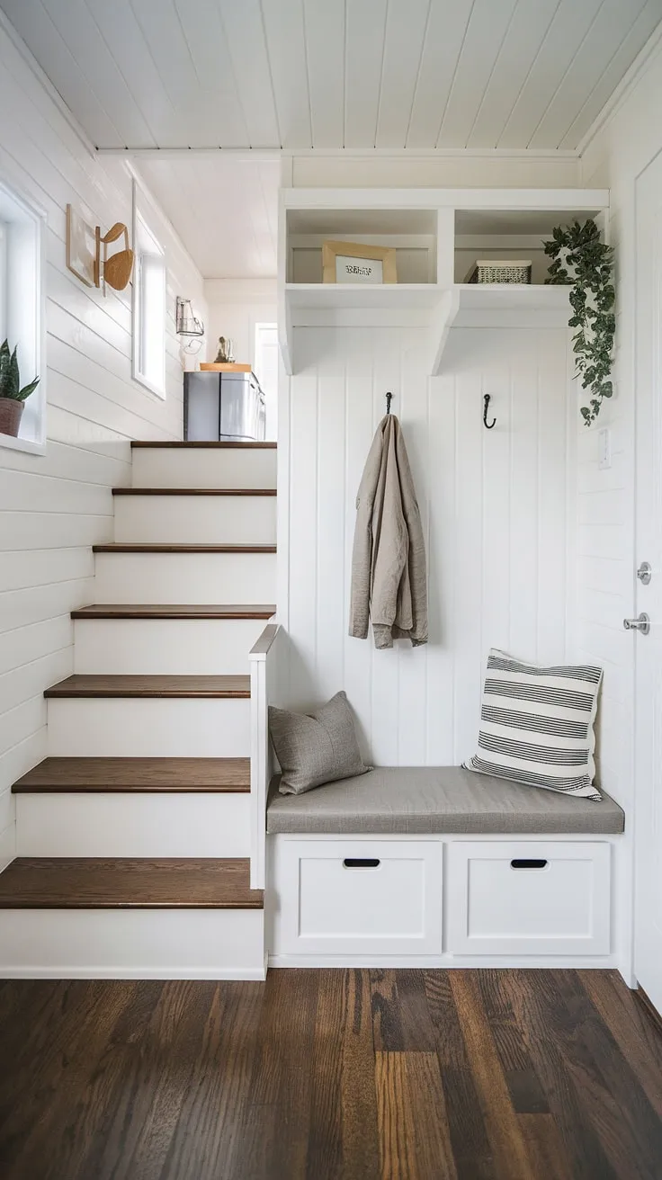 Clever split-level design maximizes space in this tiny home bedroom entryway. The foyer entryway storage, including a foyer storage bench and coat hooks, offers practical coat shoe storage entrance solutions. This best shoe storage ideas entryway and entrance shoe and coat storage ideas showcase how entryway decor storage can be both stylish and functional.