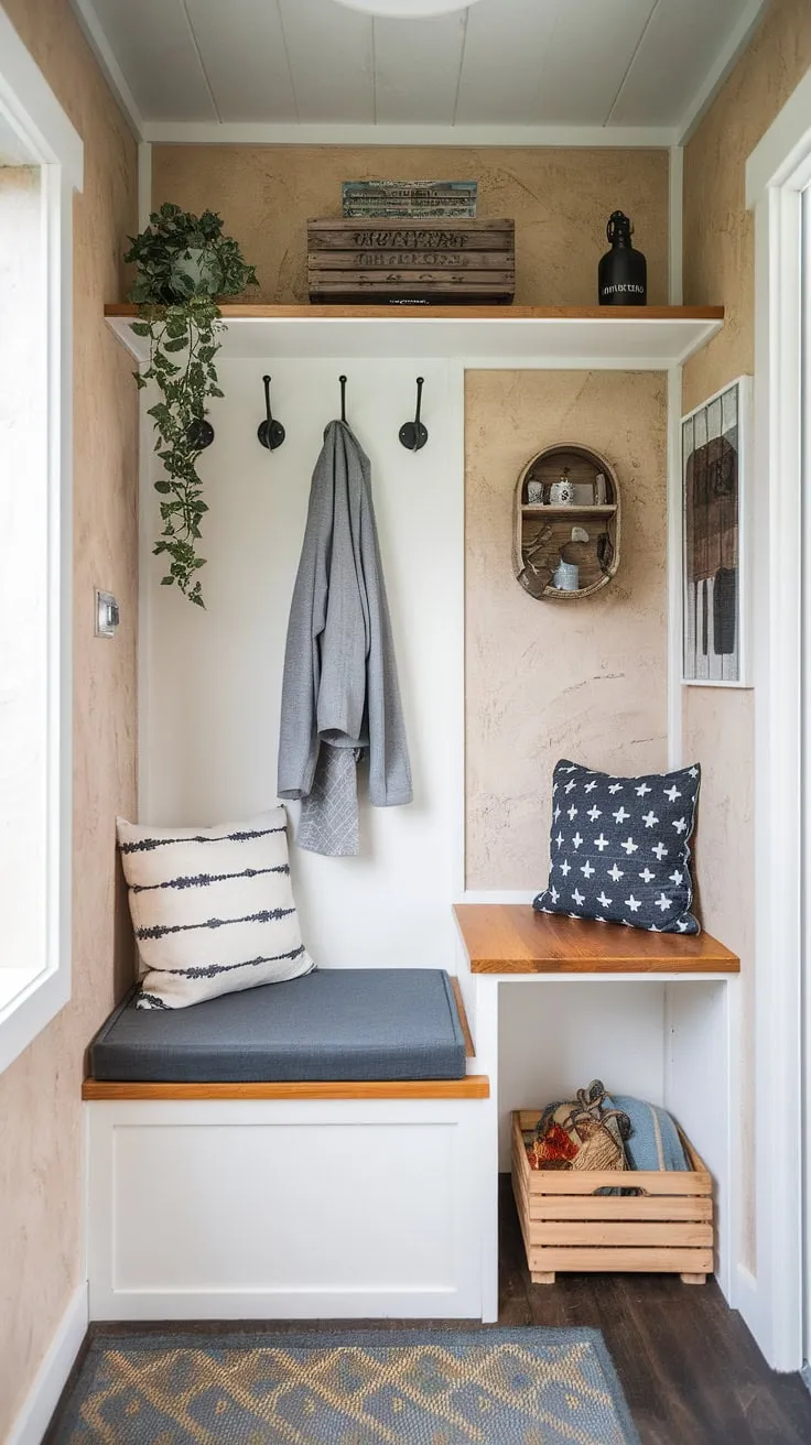 This tiny home entryway maximizes space with a clever split-level design. The lower level boasts a foyer storage bench perfect for shoes and coats, offering a practical solution for coat shoe storage entrance. Above, a coat rack and shelf provide additional storage, showcasing best shoe storage ideas entryway. A small plant and wooden crate add a touch of entryway decor storage to this efficient and stylish bedroom entryway. The textured walls complement the open concept front entry, making the most of this foyer entryway storage. This split entry shoe storage is a prime example of entrance shoe and coat storage ideas for small spaces.