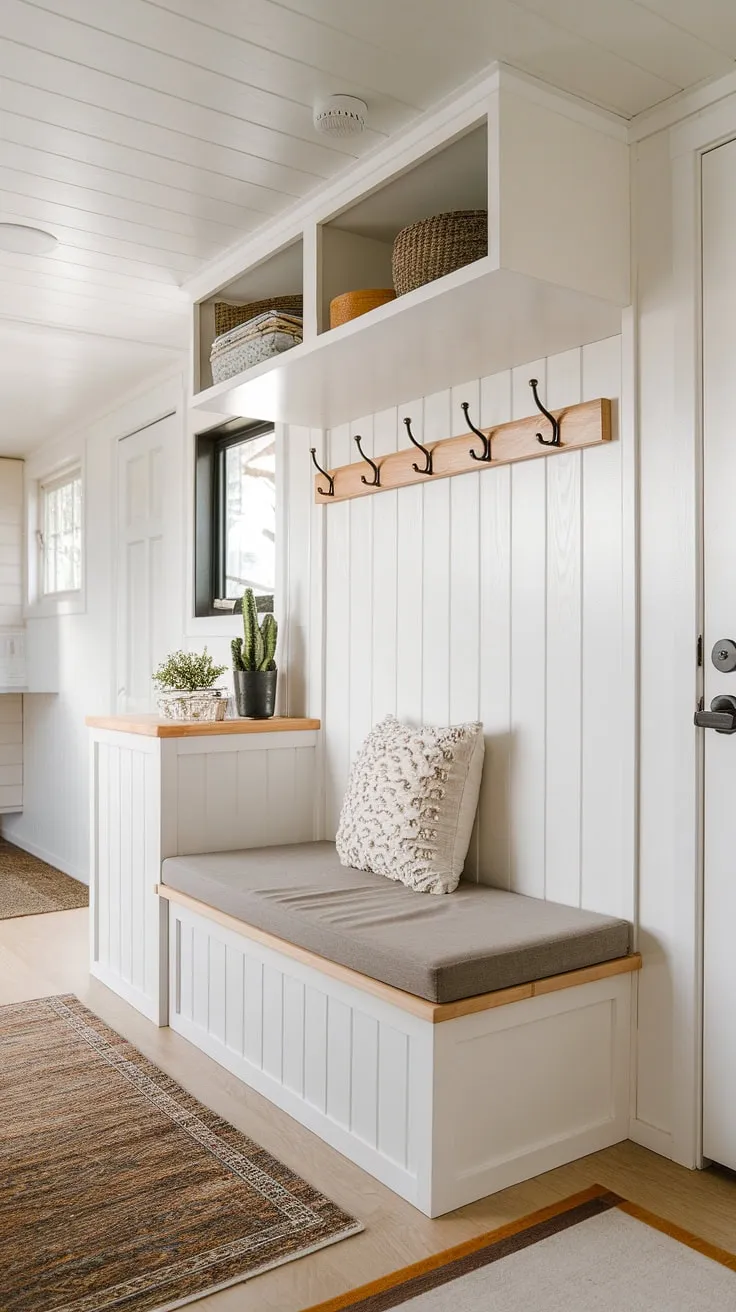 This tiny home entryway boasts clever split-level design maximizing space. A foyer storage bench with cushion provides seating and hidden storage, while a coat rack above offers convenient coat shoe storage entrance solutions. The upper shelf adds extra entryway decor storage, showcasing the best shoe storage ideas entryway for a small space. Light wood floors and white walls create an open concept front entry feel, making this the perfect example of entrance shoe and coat storage ideas and split entry shoe storage solutions.