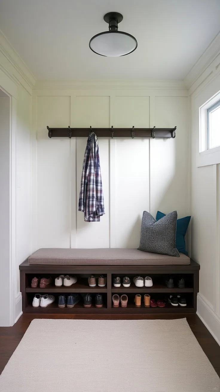 This tiny home entryway maximizes space with clever foyer entryway storage solutions. A split entry shoe storage bench, featuring a dark wood finish and cushioned top, provides ample seating and shoe storage, while a wall-mounted coat rack keeps outerwear organized. This best shoe storage ideas entryway showcases how even a small bedroom entryway can benefit from thoughtful entrance shoe and coat storage ideas. The open concept front entry feels bright and airy thanks to the light-colored rug and small window, making this entryway decor storage both functional and stylish.