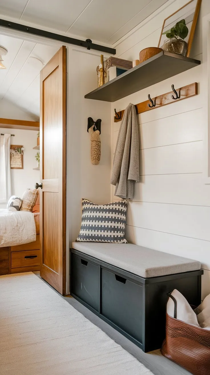 This tiny home entryway boasts ingenious foyer entryway storage solutions. A black foyer storage bench acts as a stylish and practical seat, while the adjacent coat rack addresses entrance shoe and coat storage ideas efficiently. The floating shelf above adds extra storage, making this the perfect example of entryway decor storage in a compact space. The bedroom is subtly visible, enhancing the open concept front entry feel. This split entry shoe storage setup offers a glimpse into some of the best shoe storage ideas entryway, proving that even the smallest spaces can be both functional and aesthetically pleasing.