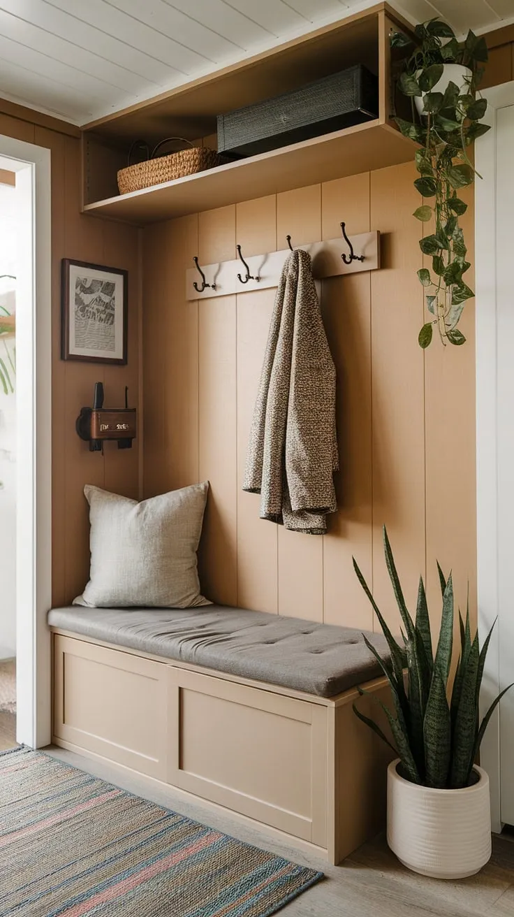 Maximize your tiny home entryway with this split entry shoe storage solution. A built-in foyer storage bench with a cozy cushion offers seating and ample storage, complemented by a coat rack above for coats and shoes. Additional shelving provides extra space, making this the perfect example of foyer storage bench and entryway decor storage. This open concept front entry design proves that even the smallest spaces can offer efficient coat shoe storage entrance and best shoe storage ideas entryway.