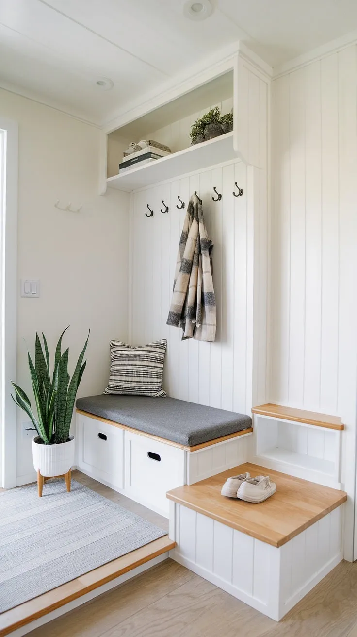 Maximize your tiny home's space with this ingenious split entry shoe storage solution. This foyer entryway storage system cleverly utilizes a split-level design, incorporating a foyer storage bench with a built-in coat rack above for efficient coat shoe storage entrance. The upper shelf provides additional storage, making it a perfect example of entryway decor storage and best shoe storage ideas entryway. The light wood floors and white walls create an airy open concept front entry, while a small plant adds a touch of warmth to this functional bedroom entryway. This design offers practical entrance shoe and coat storage ideas in a compact space.