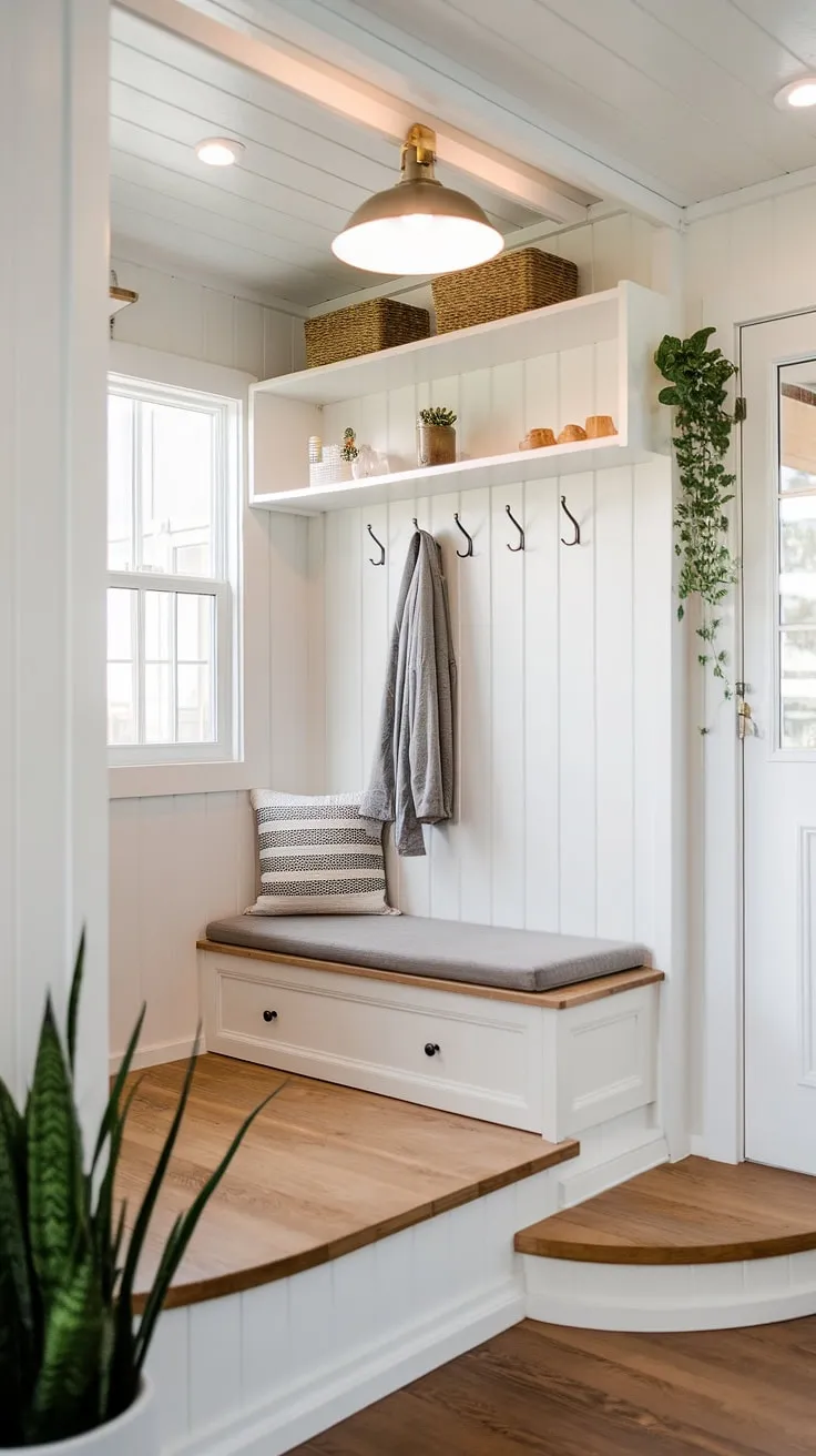 Maximize your tiny home entryway with this smart split-level design. The foyer storage bench with cushion offers comfortable seating and hidden storage, complemented by a coat rack for easy access to jackets. Above, a shelf provides extra foyer entryway storage, making this the perfect solution for bedroom entryway organization. This clever design showcases some of the best shoe storage ideas entryway, offering practical entrance shoe and coat storage ideas within a compact footprint. The light wood floors and white walls create a bright and welcoming open concept front entry.