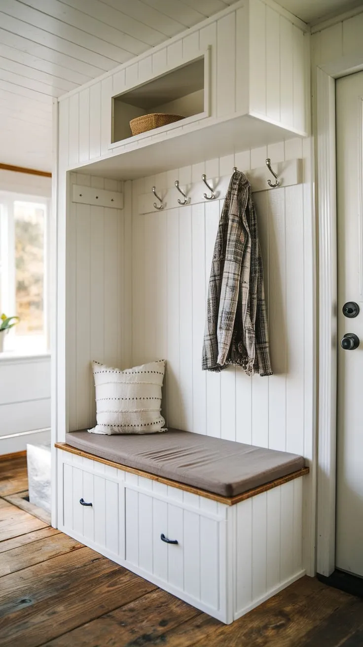 This charming tiny home entryway boasts a split entry shoe storage system, perfect for a small space. The open concept front entry features a foyer storage bench with integrated storage and a coat rack above, solving all your coat shoe storage entrance needs.
