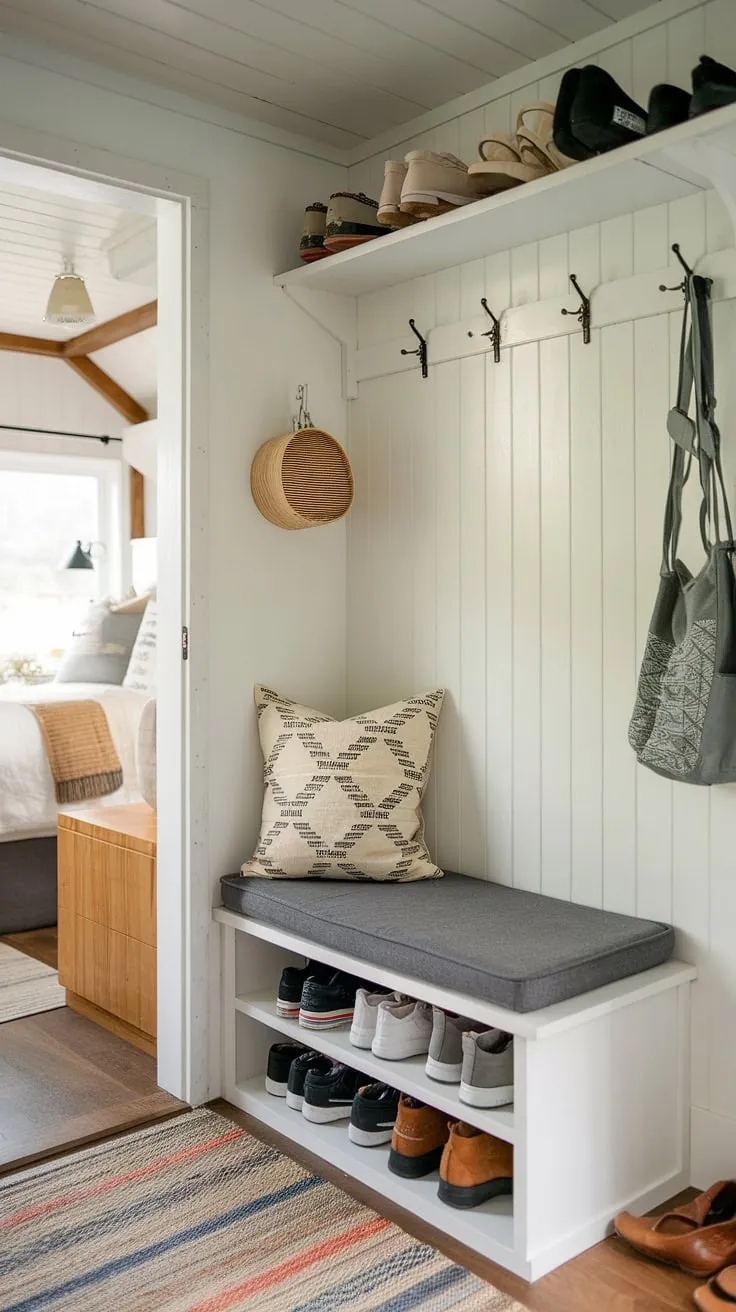 Step into this charming tiny home entryway, where clever design maximizes space. A split entry shoe storage solution, featuring a cozy foyer storage bench with cushion, provides ample seating and storage for shoes. Additional shelving beside the bench offers extra space, showcasing some of the best shoe storage ideas for entryways. This clever coat shoe storage entrance and entryway decor storage solution perfectly complements the open concept front entry, making the most of every inch in this efficient tiny home entryway. The foyer entryway storage is both stylish and functional.