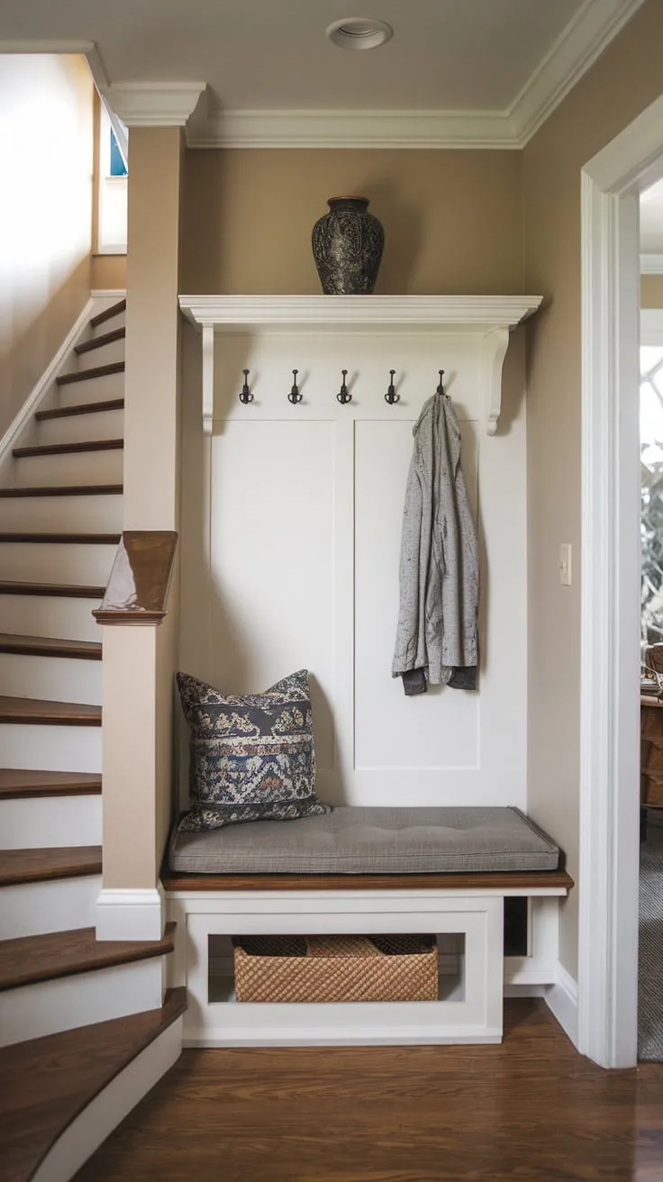 Maximize your minuscule space! This open concept front entry boasts ingenious entrance shoe and coat storage ideas, including a split-level design and a foyer storage bench. Perfect entryway decor storage for a bedroom entryway in a tiny home, offering the best shoe storage ideas entryway.