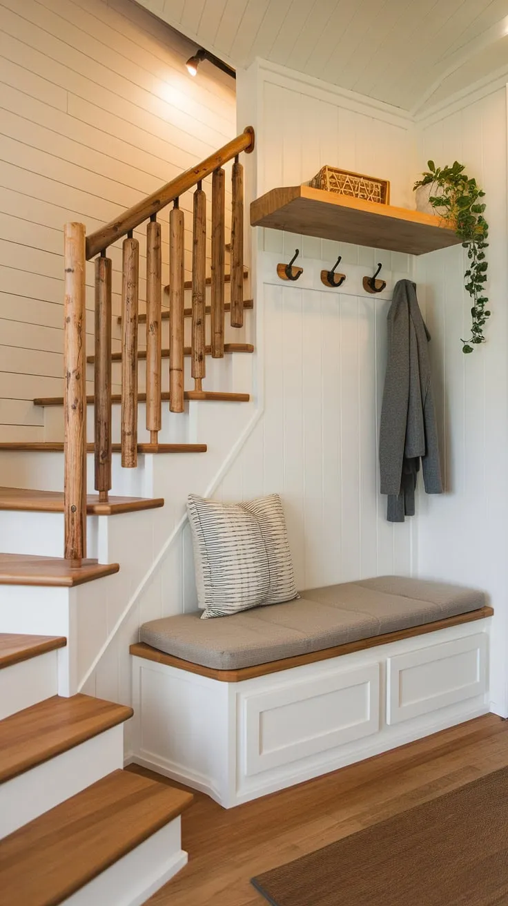 Cozy and functional: This tiny home bedroom entryway boasts clever foyer entryway storage, maximizing space with a split entry shoe storage solution and a foyer storage bench. The open concept front entry welcomes you home.