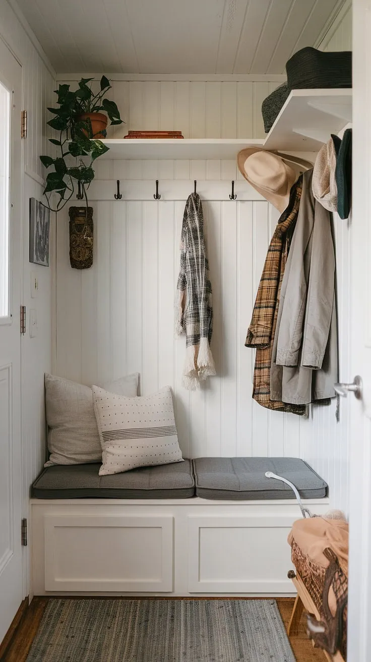 This open concept front entry in a tiny home showcases ingenious foyer storage solutions. A multifunctional foyer storage bench with integrated storage, combined with a coat rack, provides ample coat shoe storage entrance and entryway decor storage. The result? A charming and organized bedroom entryway, perfect for showcasing best shoe storage ideas entryway.