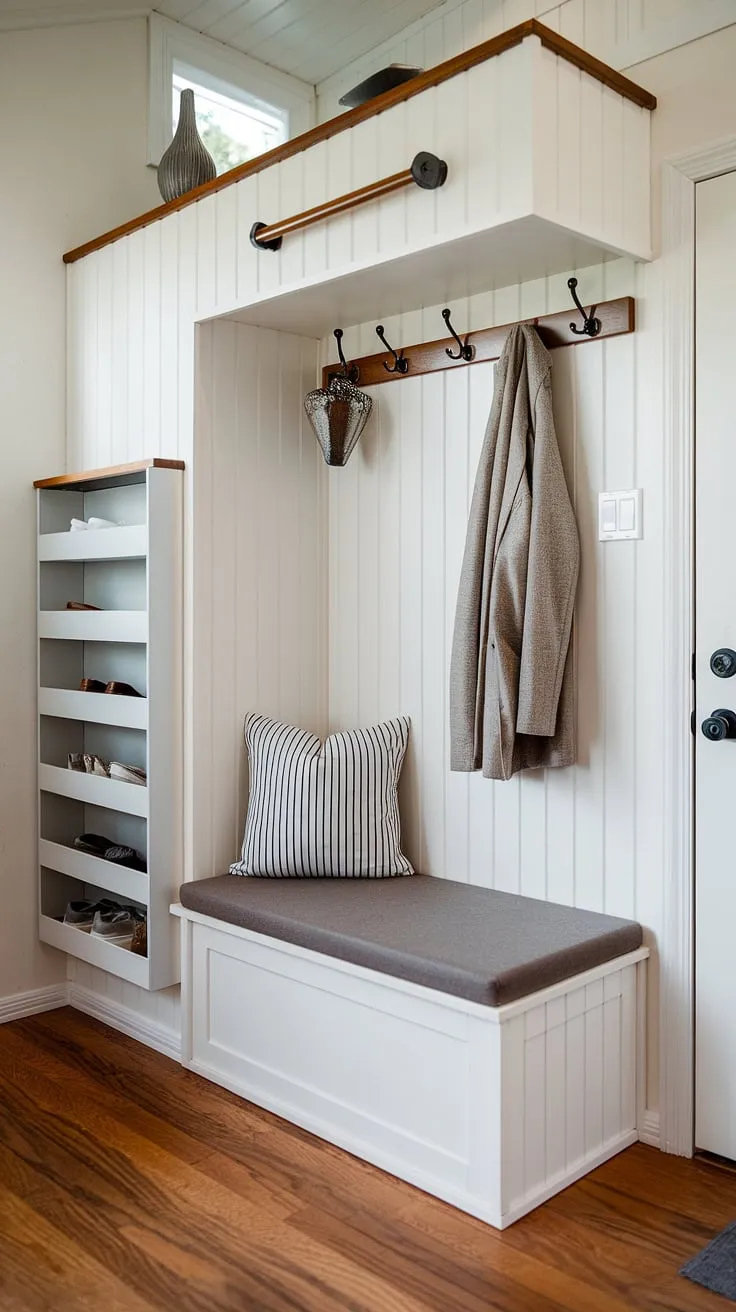 This tiny home entryway boasts the best shoe storage ideas entryway, showcasing a split entry shoe storage system and clever entrance shoe and coat storage ideas. The open concept front entry and entryway decor storage make a big impact in a small space.