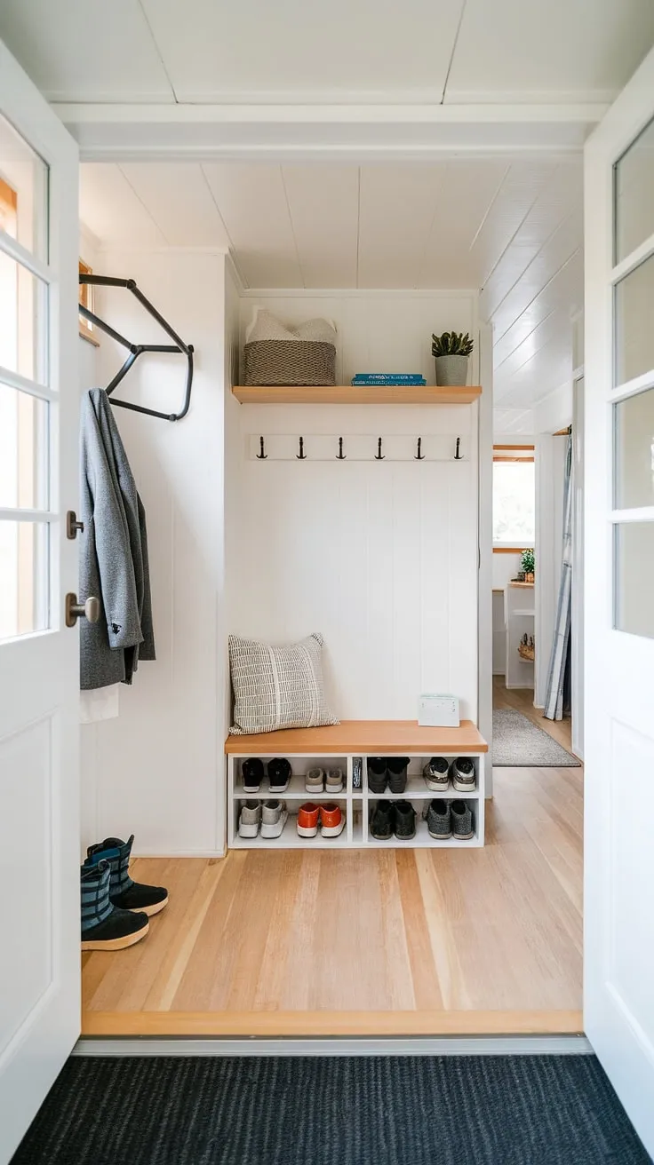 Maximize space in your tiny home with this thoughtfully designed foyer entryway storage. The open concept front entry features a coat shoe storage entrance with a built-in bench, coat rack, and upper shelf – perfect examples of entrance shoe and coat storage ideas. This split entry shoe storage solution is a dream for small spaces, offering the best shoe storage ideas entryway and transforming the bedroom entryway into a functional and stylish area. The light wood floors and airy feel complete this tiny home entryway's charm.