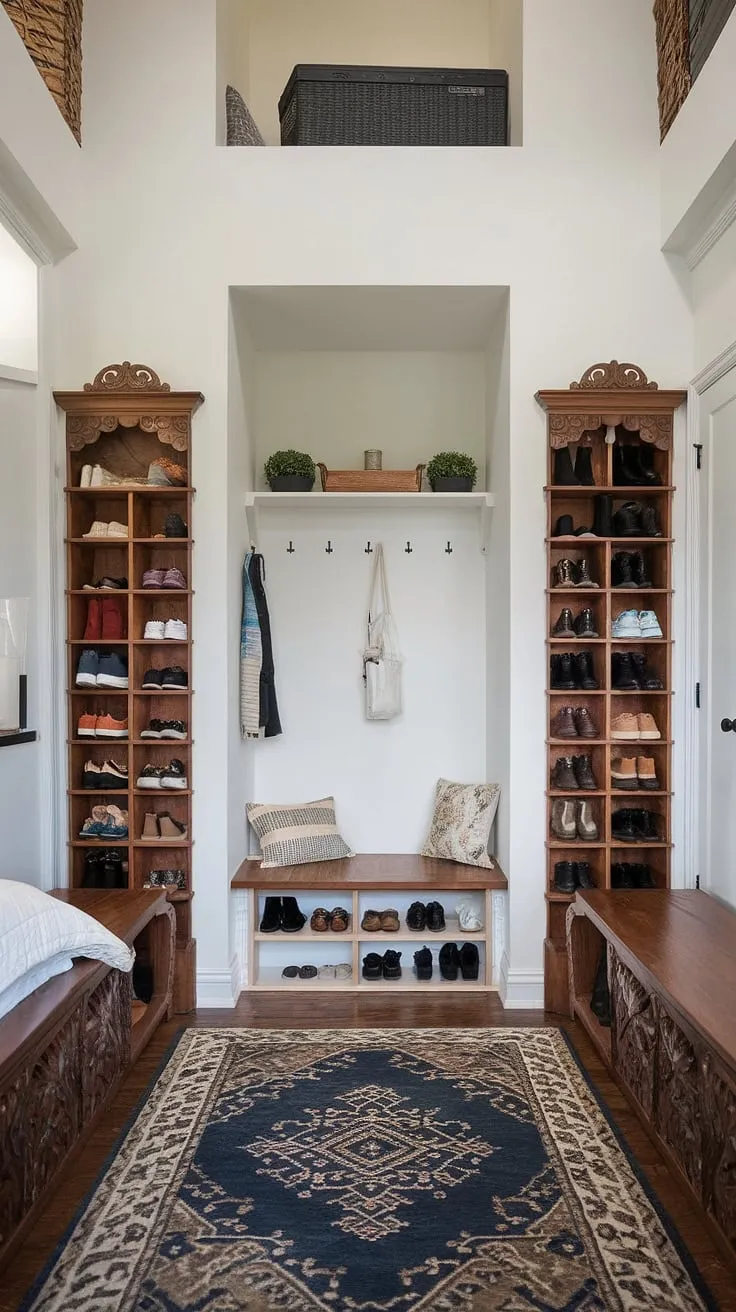 Maximize your space and style with this stunning split entry shoe storage. This entrance shoe and coat storage ideas solution transforms a simple foyer storage bench into a statement piece. The open concept front entry and entryway decor storage create a welcoming and organized bedroom entryway.