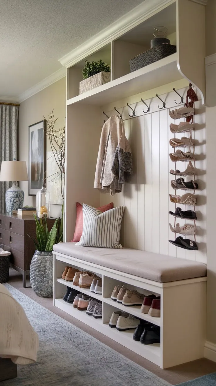 This foyer entryway storage solution is perfect for a tiny home entryway or any space needing efficient organization. The split entry shoe storage, complete with a comfortable foyer storage bench and decorative shelving, offers ample space for shoes and coats. Additional hanging shoe storage on the wall complements the design, making it a prime example of best shoe storage ideas entryway and entrance shoe and coat storage ideas. The entryway decor storage and overall cozy ambiance transform this coat shoe storage entrance into a welcoming space.
