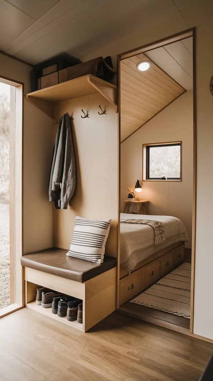 Step inside this charming tiny home, where a split entry shoe storage solution creates a functional and stylish bedroom entryway. The foyer storage bench with its thoughtful design offers ample coat shoe storage entrance, perfect for implementing best shoe storage ideas entryway and entrance shoe and coat storage ideas. This tiny home entryway proves that entryway decor storage can be both beautiful and practical.