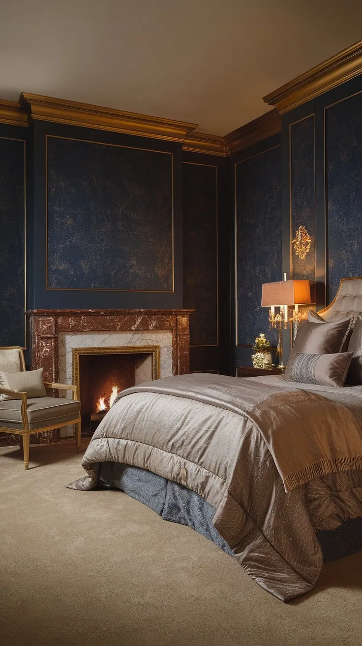 Opulent bedroom fireplace dreams: Layered bedding and a warm glow make this the perfect fall bedroom. Adding a fireplace transforms any space; explore bedroom fireplace ideas for your own cozy retreat.