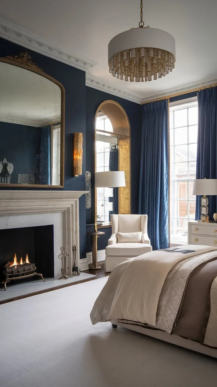 Indulge in the opulence of this fall bedroom, featuring a stunning white fireplace as a focal point. The dark blue walls create a dramatic backdrop, while the layered bedding and gold accents add warmth and sophistication. This is the perfect example of bedroom fireplace ideas for creating a cozy and luxurious retreat. Adding a fireplace transforms any bedroom, as seen in this inspiring design.