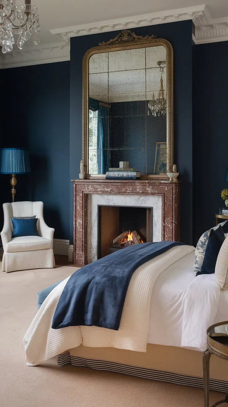 Indulge in this opulent bedroom, where a stunning marble fireplace and layered bedding set the scene for perfect fall bedroom ideas. Adding a fireplace is the ultimate luxury; discover more bedroom fireplace ideas for your own space.
