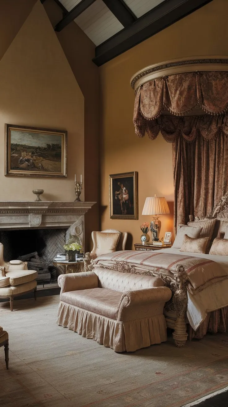 Indulge in the warmth of this bedroom fireplace. From layered bedding to the perfect painting, this opulent bedroom showcases stunning bedroom fireplace ideas for adding a fireplace to your own haven.
