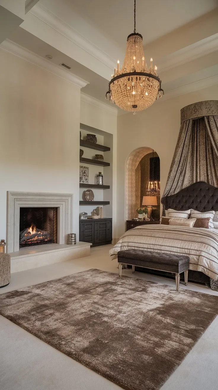 This opulent bedroom is the epitome of comfort and style. The grand fireplace is a focal point, offering both warmth and visual appeal, making it ideal for fall bedroom ideas. Note the layered bedding and the thoughtful placement of furniture. Adding a fireplace, as seen here, is a luxurious upgrade, and this room provides excellent bedroom fireplace ideas and bedroom with fireplace ideas for your own design inspiration.