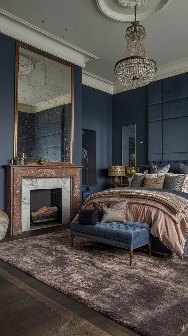 This opulent bedroom showcases the perfect blend of comfort and style. The bedroom fireplace, with its elegant marble surround, anchors the room's rich dark blue palette. Layered bedding invites you to sink into a restful sleep, while the chandelier and plush rug add a touch of glamour. Consider this image when exploring fall bedroom ideas or seeking inspiration for adding a fireplace to your bedroom design. It's a masterclass in bedroom with fireplace ideas and bedroom fireplace ideas.