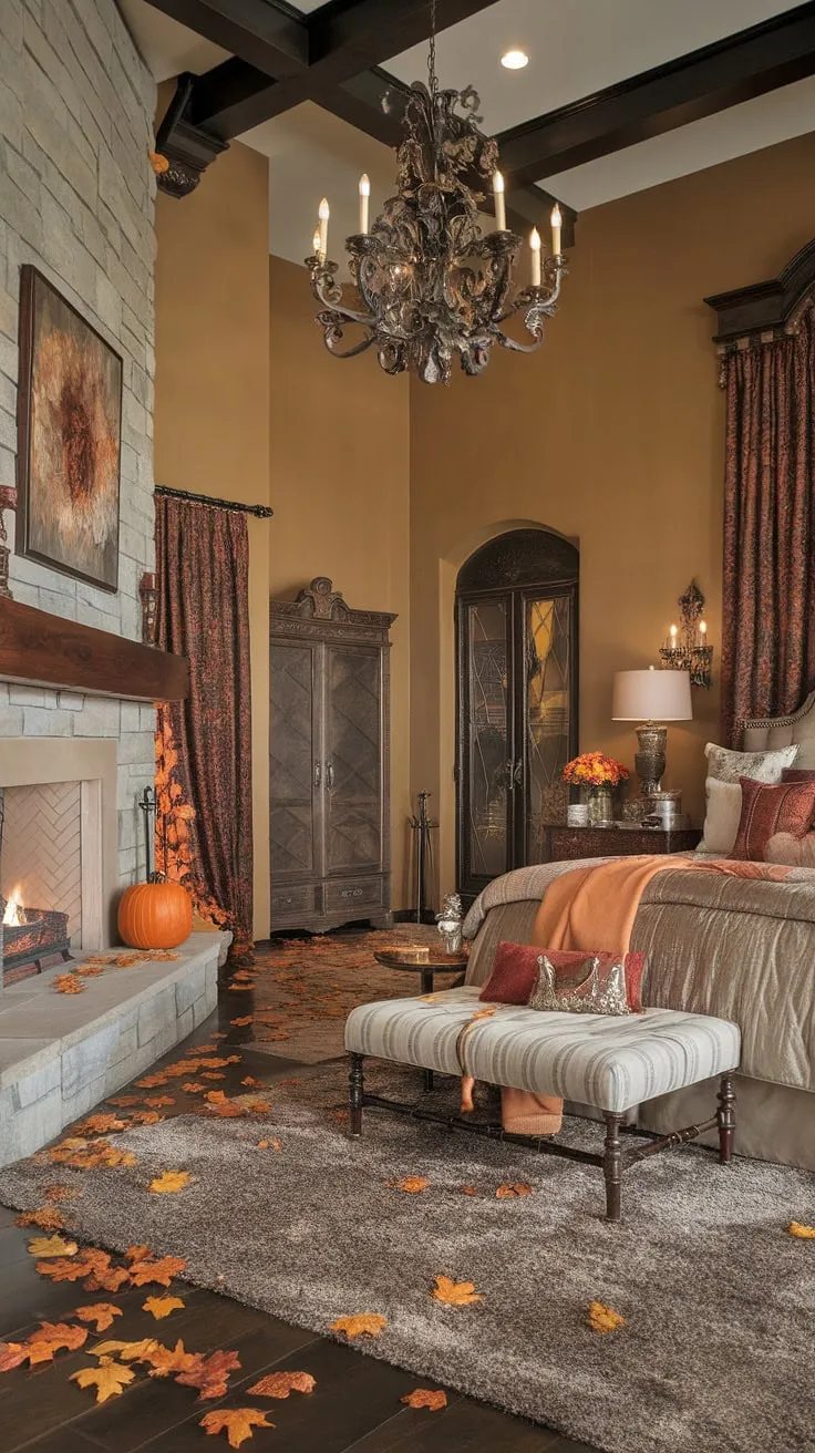 Opulent bedroom fireplace dreams. Fall bedroom ideas come alive with layered bedding and the warmth of a crackling fire. Adding a fireplace transforms any space; explore bedroom fireplace ideas for your own luxurious retreat.