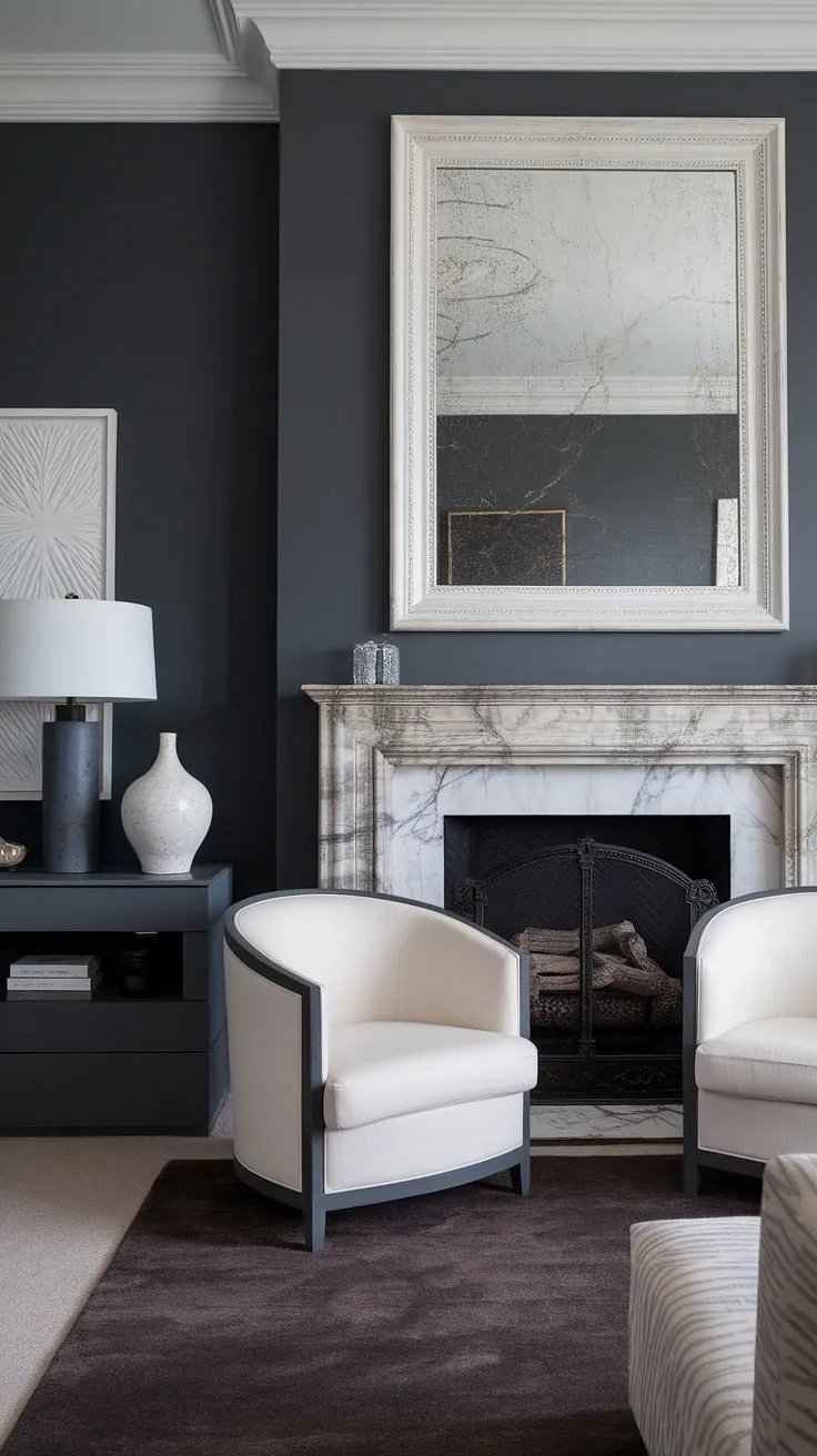 This opulent bedroom showcases a stunning marble fireplace, a focal point for cozy fall bedroom ideas. The dark grey walls and layered bedding create a sophisticated atmosphere, while the white chairs and side table add a touch of elegance. Adding a fireplace like this transforms a space, offering inspiration for bedroom fireplace ideas and bedroom with fireplace ideas.