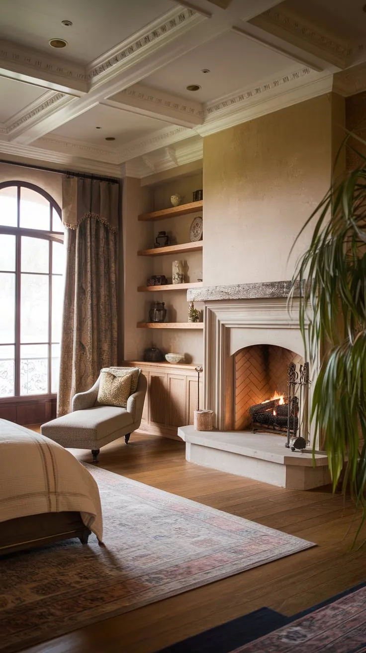 This opulent bedroom showcases the beauty of adding a fireplace, offering a wealth of bedroom fireplace ideas. The stone fireplace, wooden mantel, and built-in shelving create a focal point, while the layered bedding and plush rug add to the luxurious feel. Perfect for fall bedroom ideas, this space demonstrates how a fireplace can elevate any bedroom design, creating a warm and inviting retreat.
