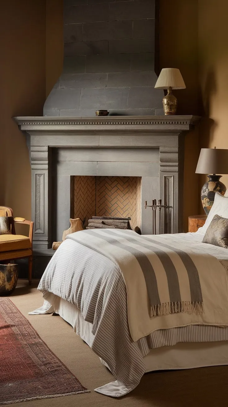 Warmth and luxury meet in this bedroom with fireplace. Adding a fireplace elevates the space, inspiring fall bedroom ideas with its layered bedding and inviting ambiance. Explore bedroom fireplace ideas for your own opulent bedroom.