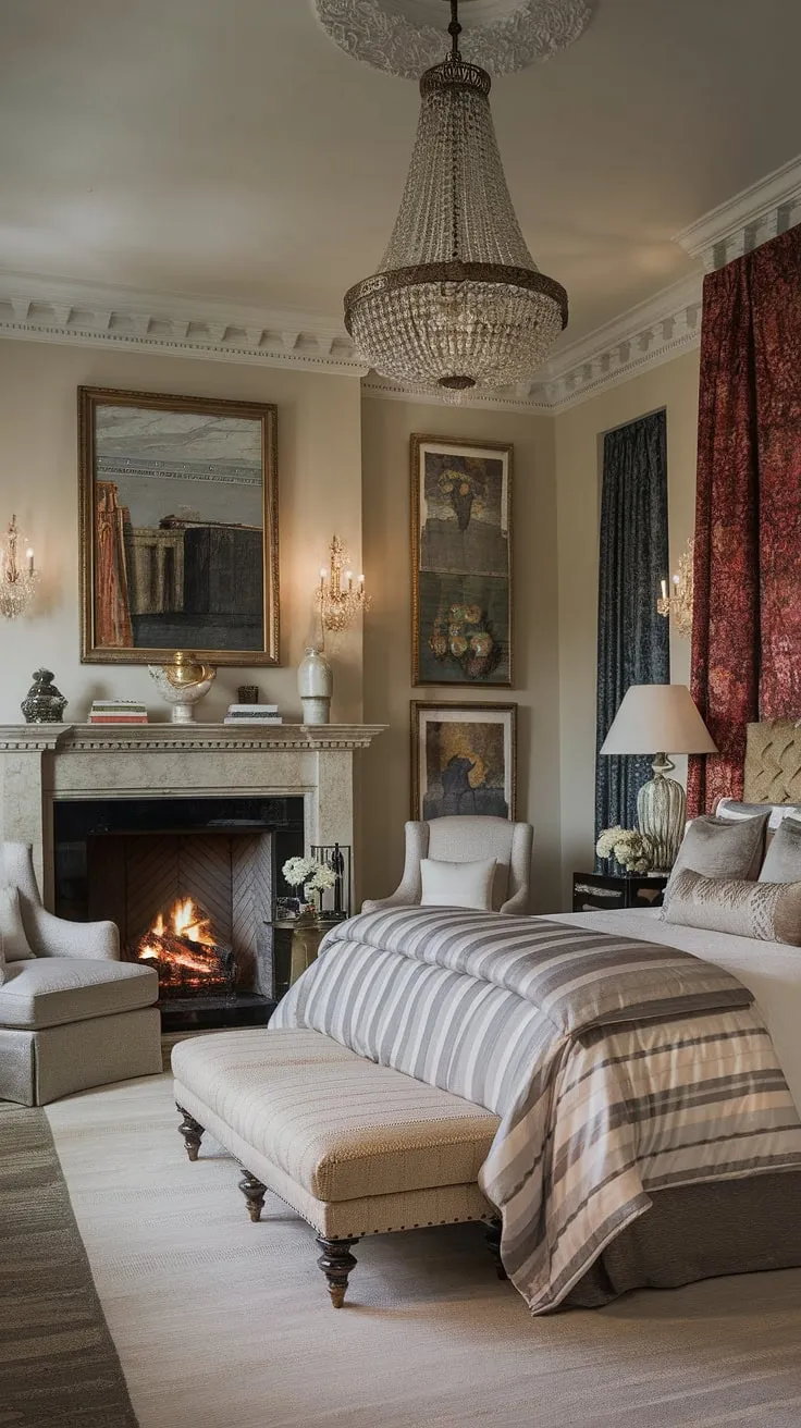 Indulge in the warmth of this opulent bedroom. Fall bedroom ideas come alive with this stunning fireplace, perfectly complementing the layered bedding and creating the ultimate bedroom with fireplace ideas. Adding a fireplace? This is the inspiration you need.
